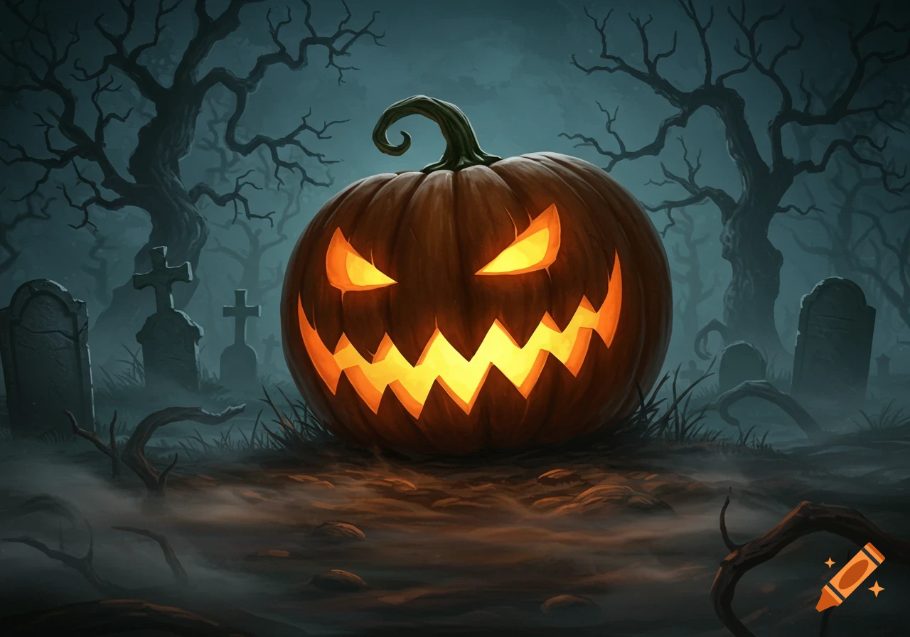 A glowing jack-o'-lantern sits in a misty graveyard with spooky trees and gravestones under a dark sky, digital art.