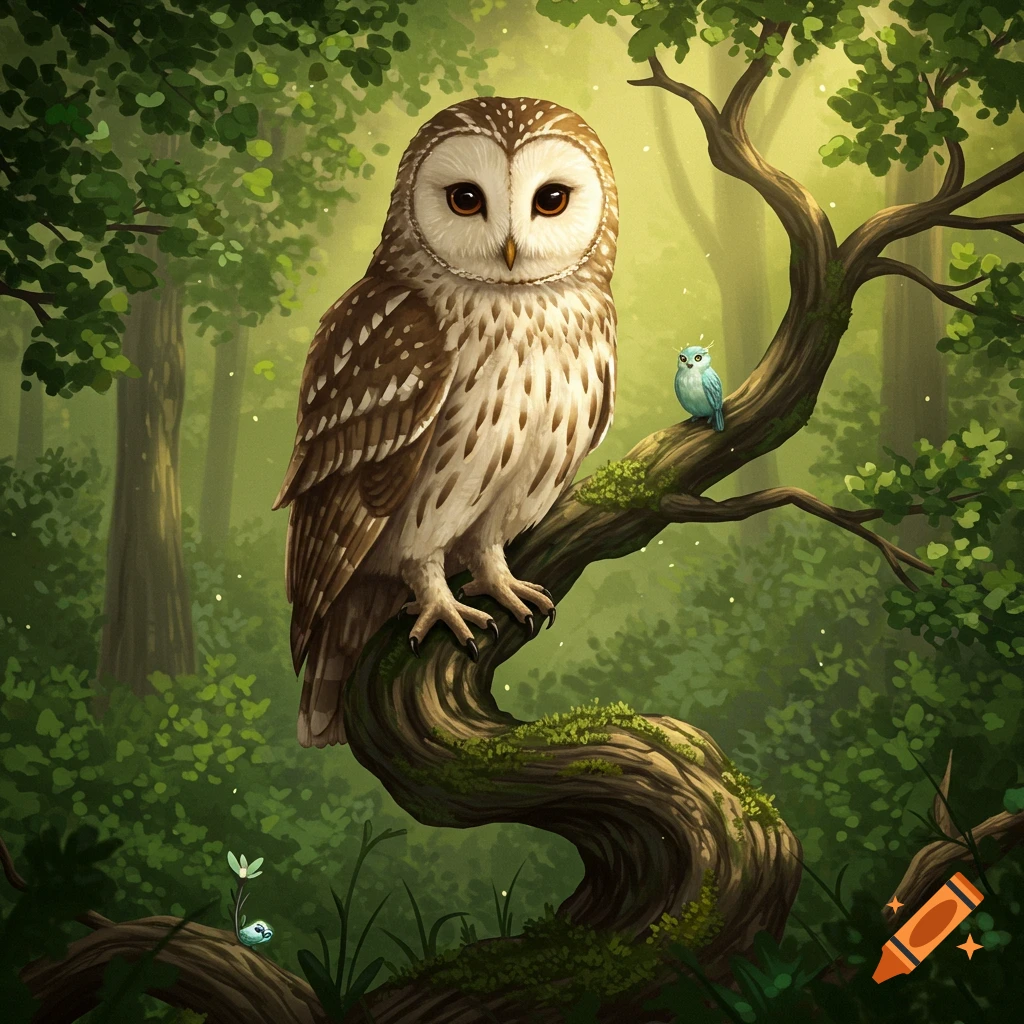 A detailed illustration of a brown and white owl perched on a mossy tree branch in a vibrant green forest.