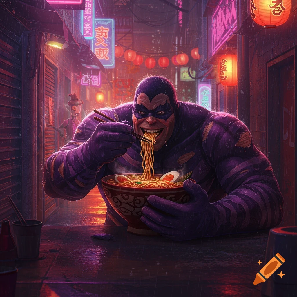 The Maxx, a muscular purple comic character, slurps ramen with chopsticks in a rainy, neon-lit cyberpunk alley.