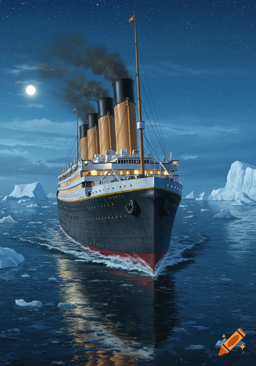 The Titanic, a large ocean liner, sails through an icy sea at night, with a full moon and icebergs in the distance.