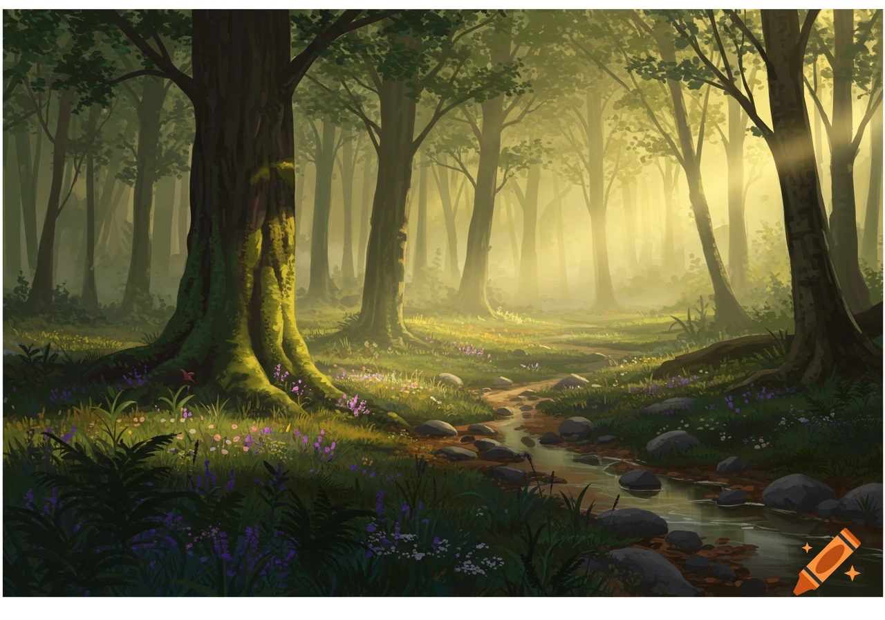 Stylized illustration of a sun-dappled forest with a winding stream, mossy trees, and purple wildflowers.
