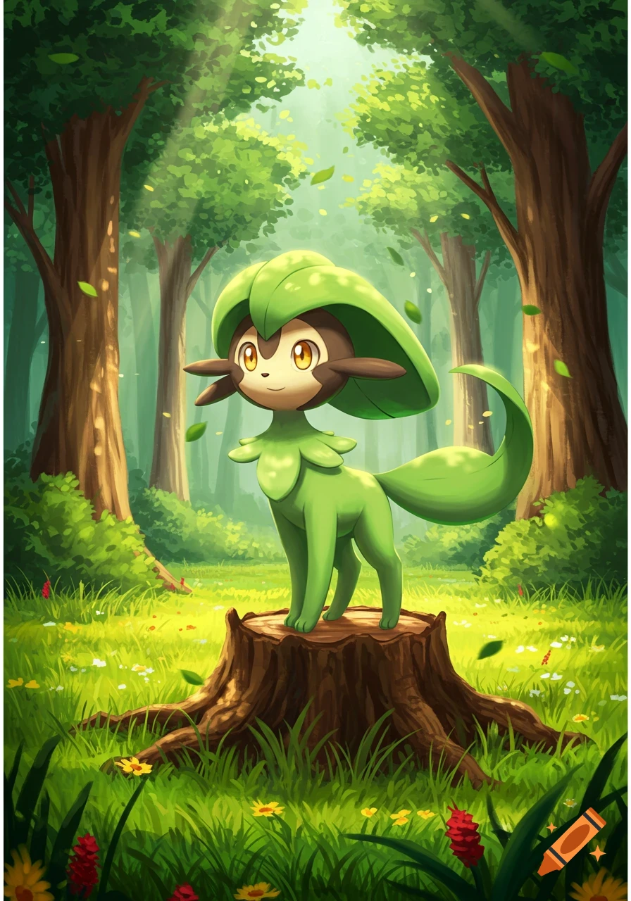 A cute, green, leaf-like creature with a brown face stands on a tree stump in a sunlit forest, surrounded by flowers.