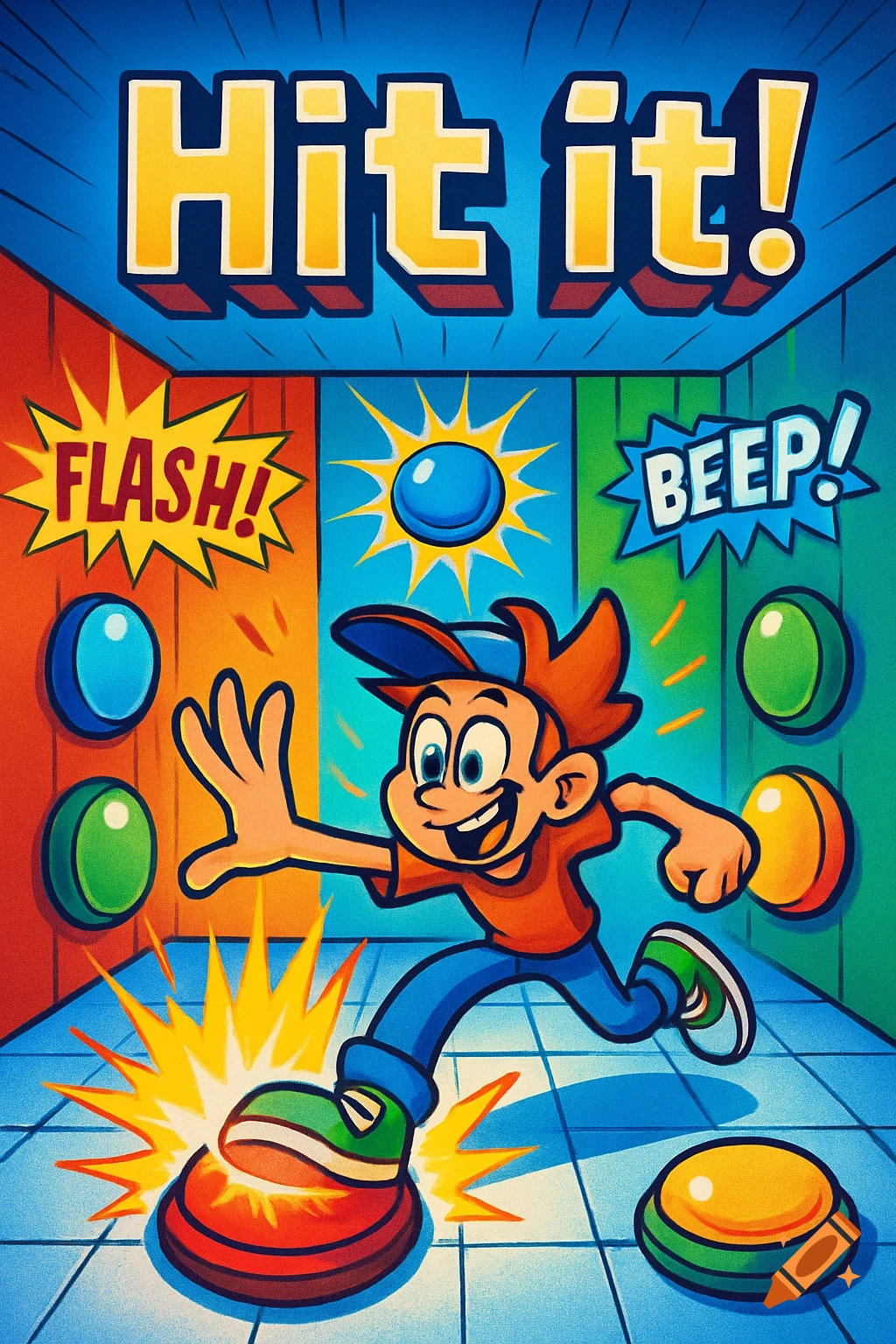 A vibrant cartoon poster for 'Hit it!' shows a character leaping to stomp a red button, with 'FLASH!' and 'BEEP!' comic bursts.