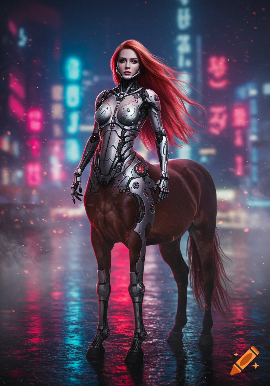 Photorealistic female centaur with cybernetic armor and long red hair stands in a neon-lit cyberpunk city.