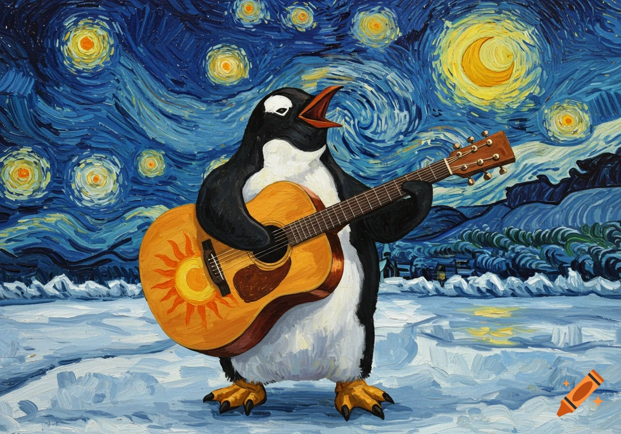 A penguin plays an acoustic guitar under a starry night sky in the impasto style of Van Gogh.