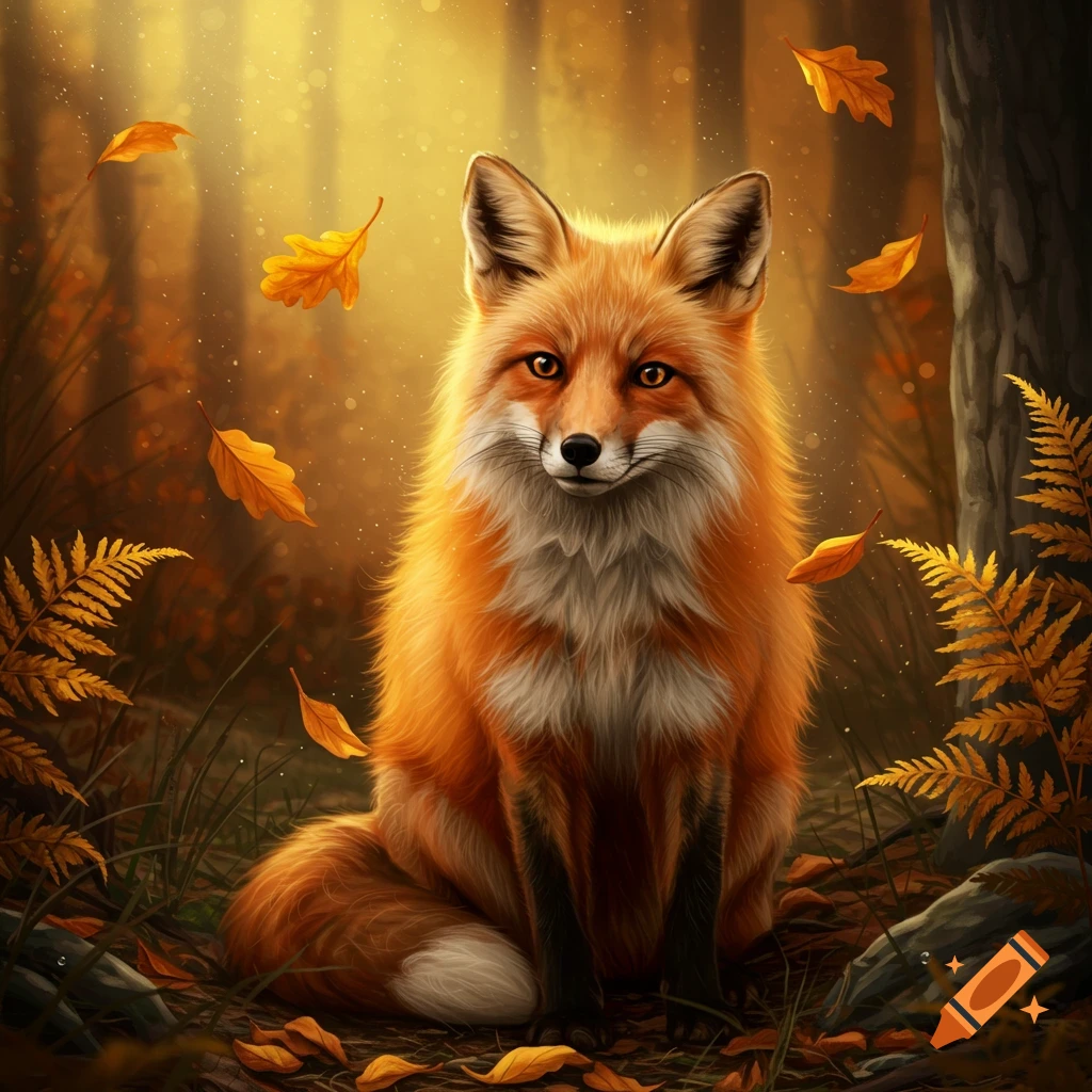 A fluffy red fox sits in an autumnal forest with golden leaves falling, digital art style.