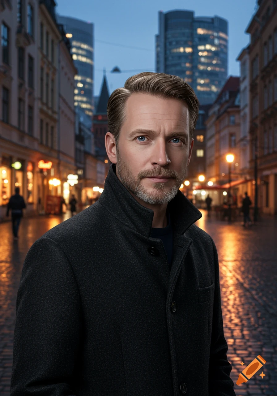 Photorealistic portrait of a bearded man in a dark coat on a cobblestone city street at dusk, with illuminated buildings.