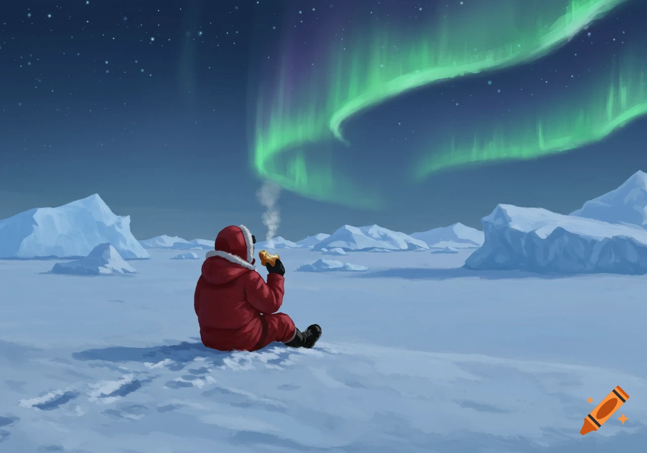 A person in a red suit sits in a snowy landscape, eating bread while watching the green aurora borealis.