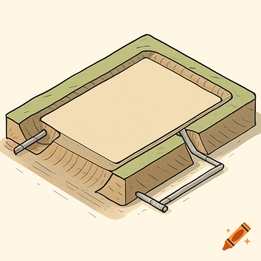 Isometric technical drawing of a beach volleyball court under construction, showing ground preparation, excavation, and drainage pipes.