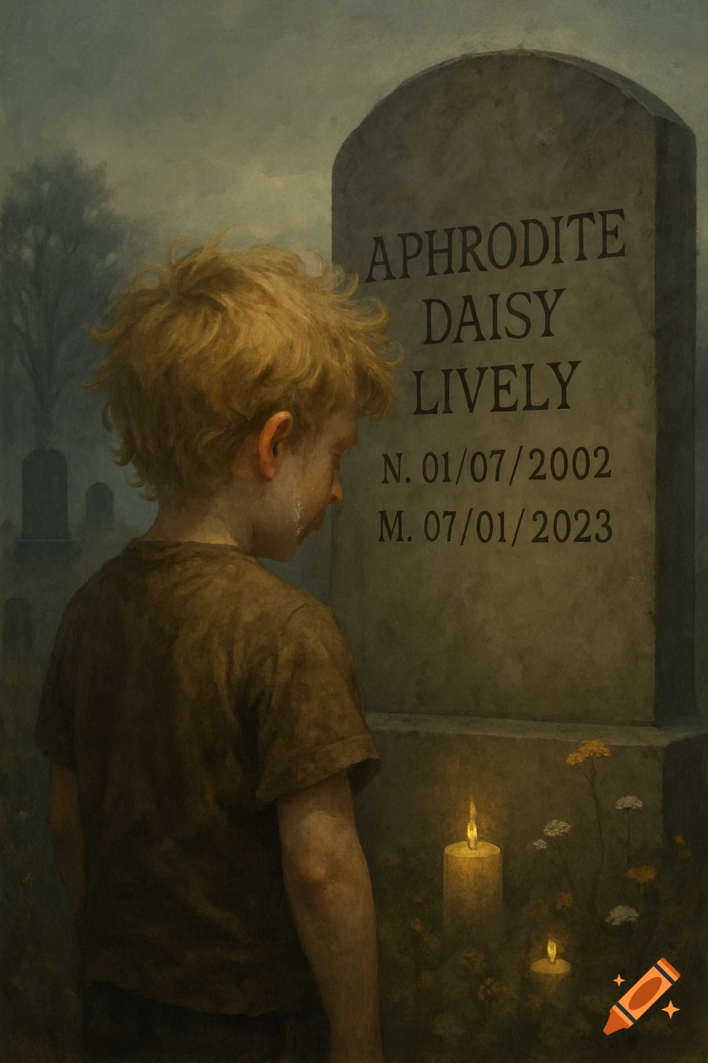 A blonde boy with messy hair stands with his back to the viewer, crying at a gravestone in a misty cemetery at dusk, with candles lit at the base.