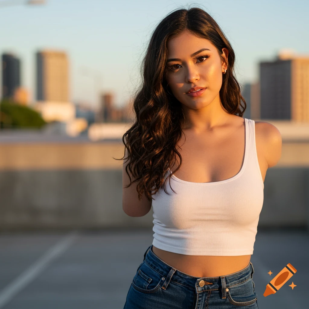 A brunette Latina woman with a missing right arm wears a white tank top and jeans on an urban rooftop at sunset.
