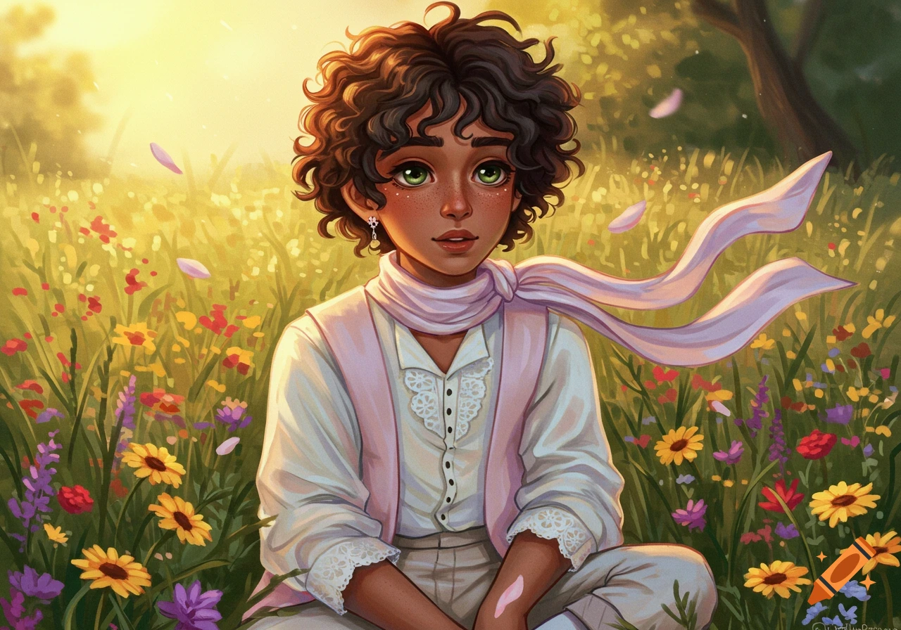 Digital illustration of a curly-haired boy with green eyes sitting in a vibrant field of wildflowers under a sunny sky.