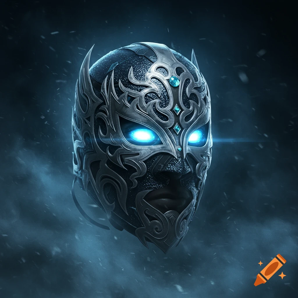A close-up of a silver and black ornate mask with glowing blue eyes, against a dark, misty background with falling snow.