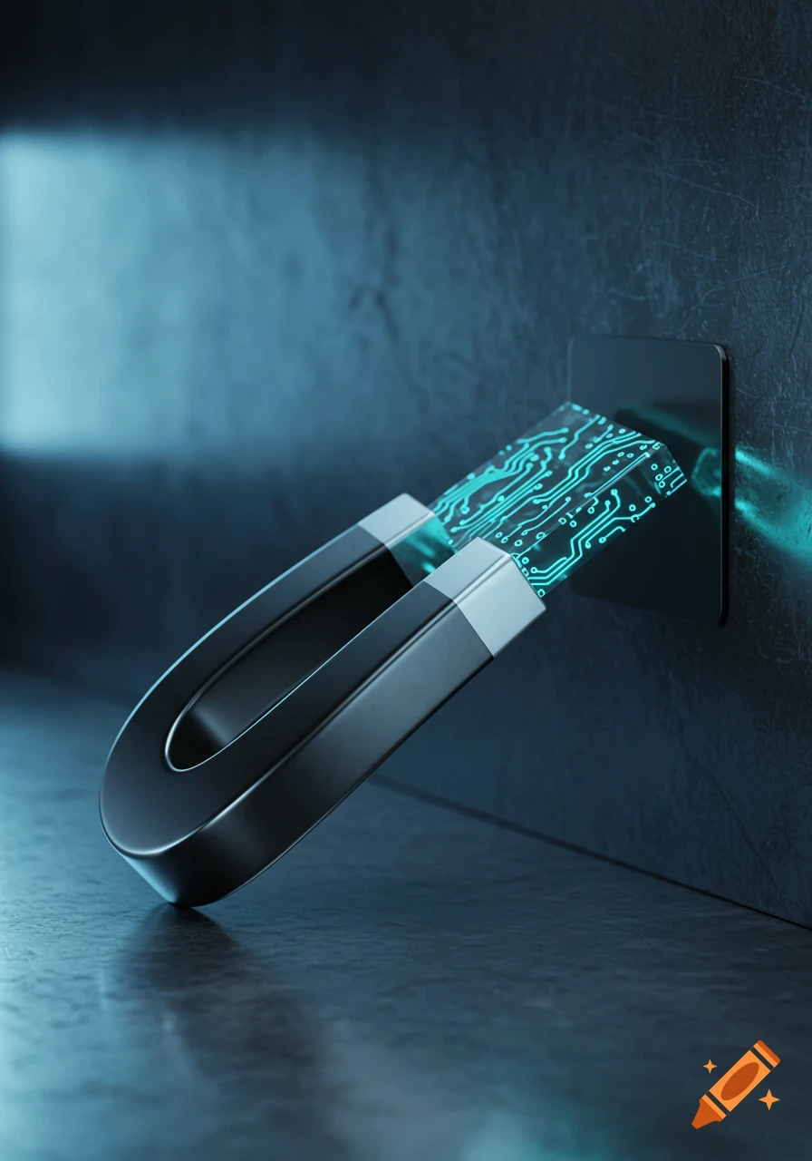 A metallic horseshoe magnet attracts glowing blue circuit board elements from a dark wall.