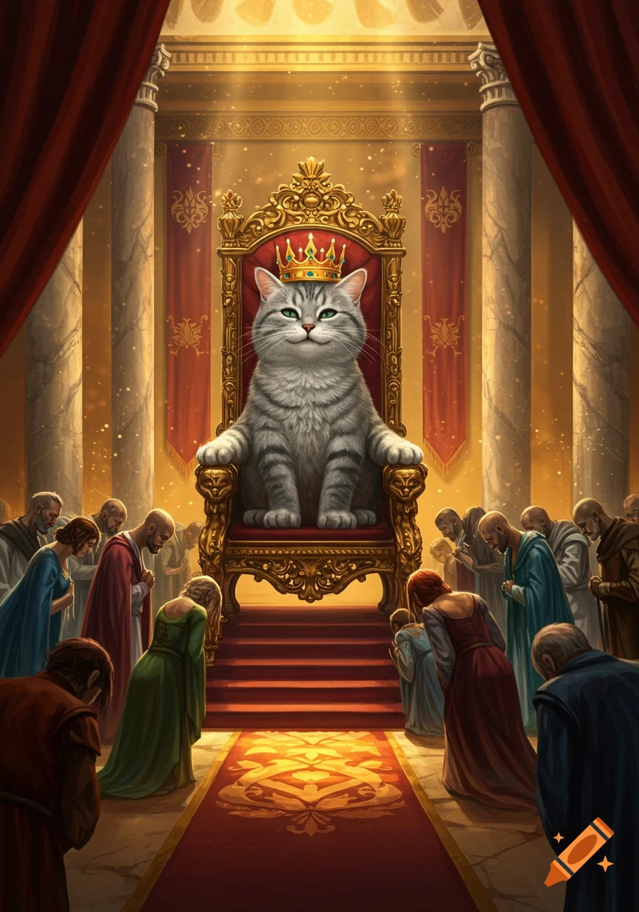 A gray tabby cat with a crown sits triumphantly on a golden throne, while many people in robes bow before it in a grand hall.
