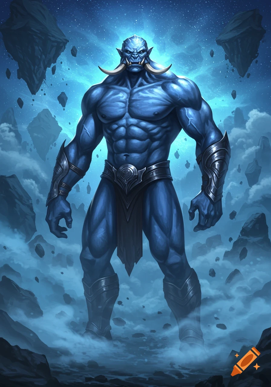 A tall, muscular blue humanoid with large tusks stands amidst floating rocks and clouds in a cosmic blue sky.