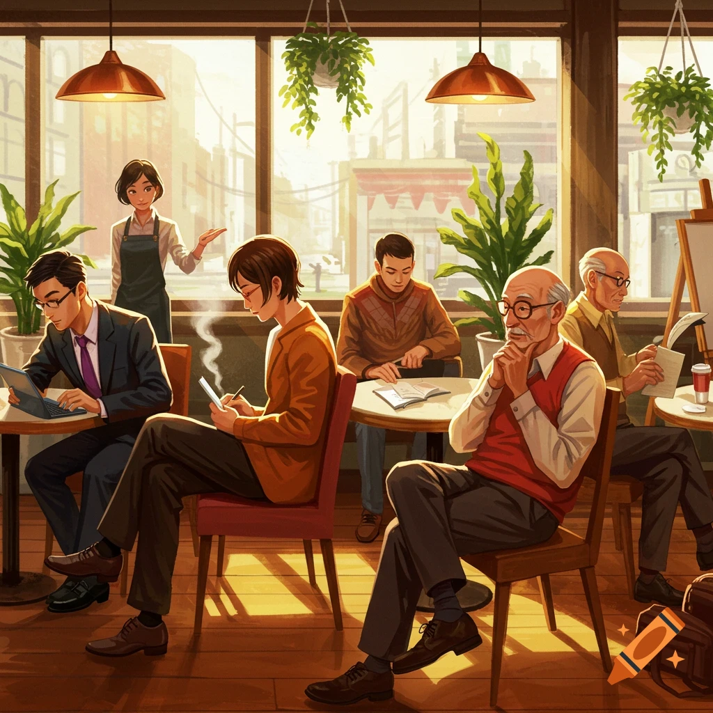 An illustration of diverse people sitting and relaxing in a sunlit cafe.