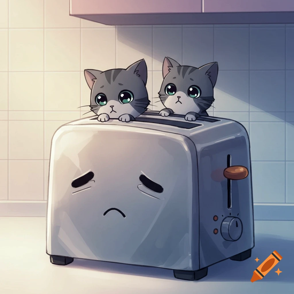 Two cute grey tabby cats pop out of a sad-faced toaster in an anime kitchen.