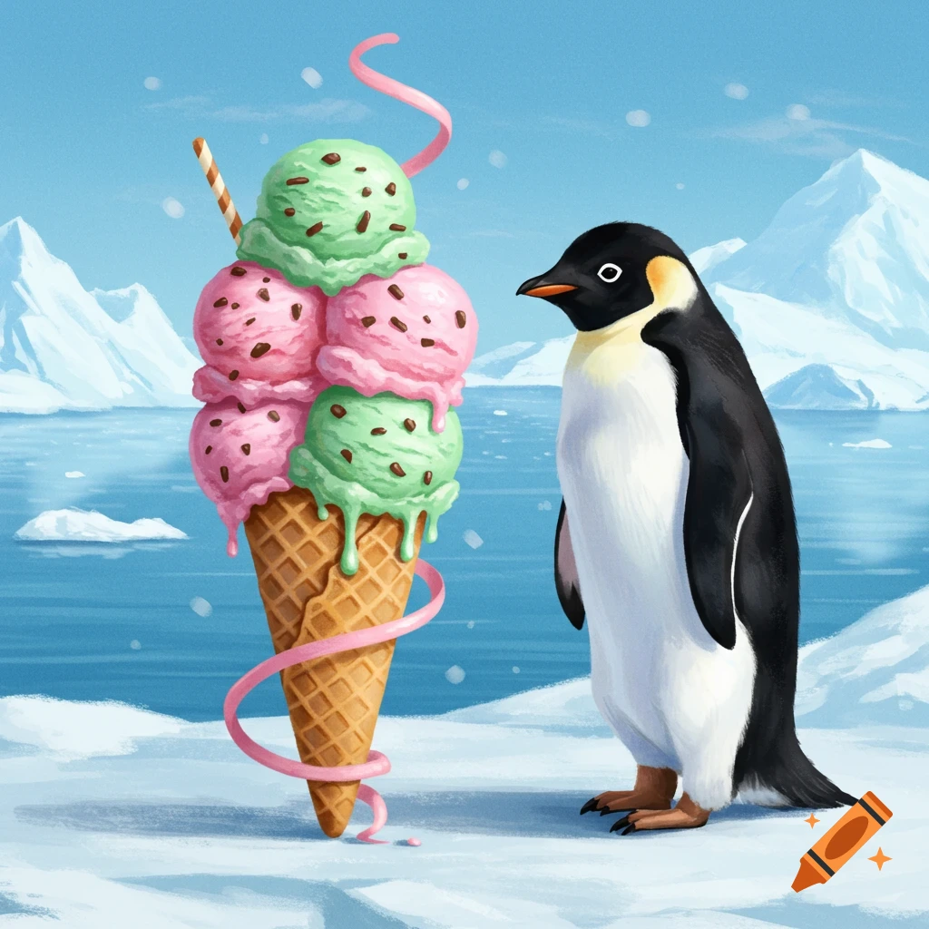 An Emperor penguin stands next to a large ice cream cone with pink and green scoops and a ribbon in an arctic landscape, cartoon style.