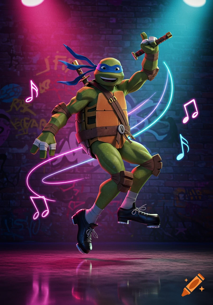 Leonardo from TMNT tap dancing in black tap shoes on a reflective floor, lit by neon lights against a graffiti wall.