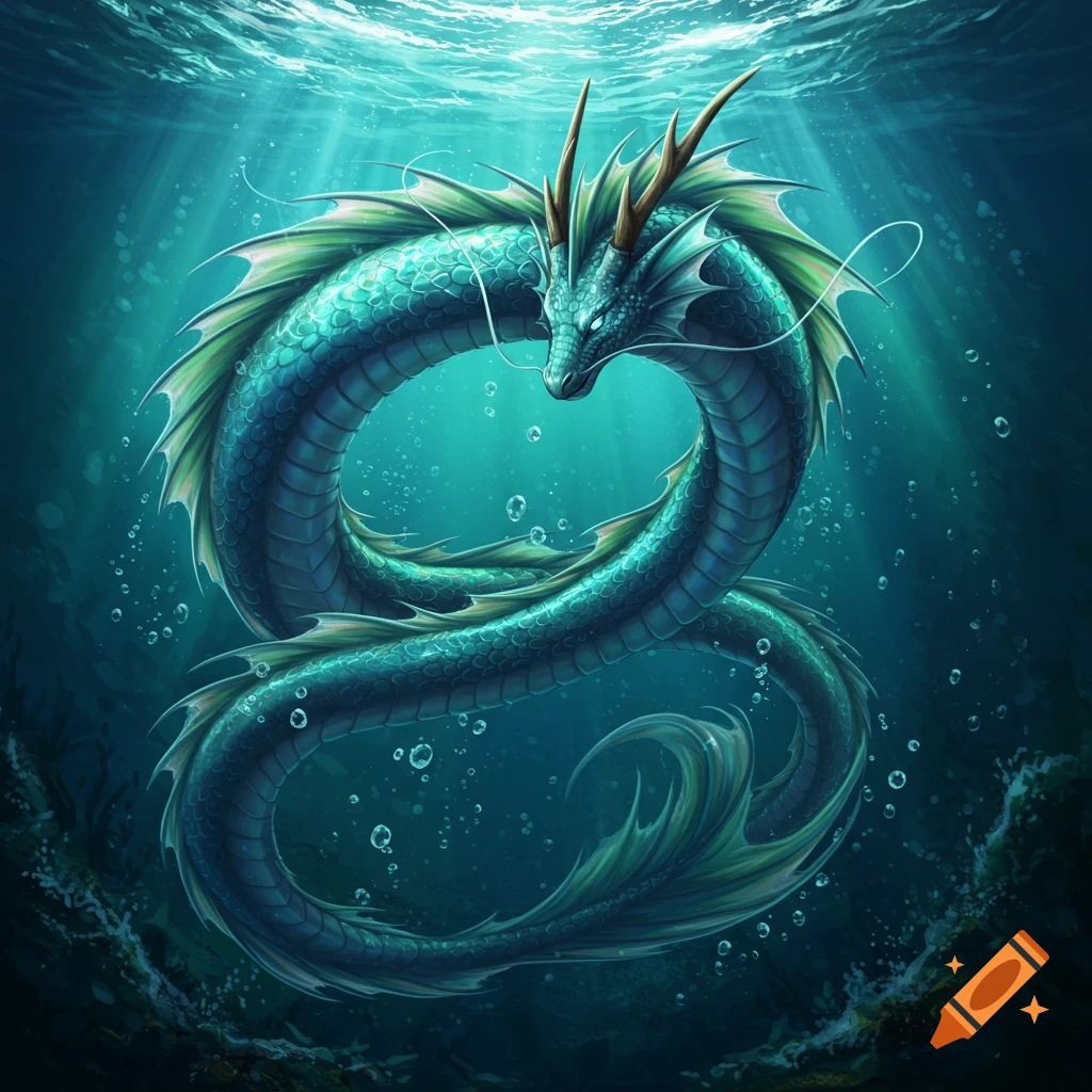 A majestic teal and green water dragon with horns and fins coils gracefully underwater, illuminated by sunbeams from the surface.