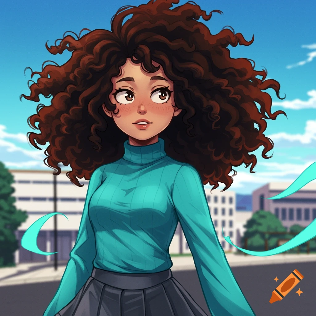 An anime girl with dark brown curly hair and brown eyes wears a cyan turtleneck and a grey skirt in My Hero Academia style.