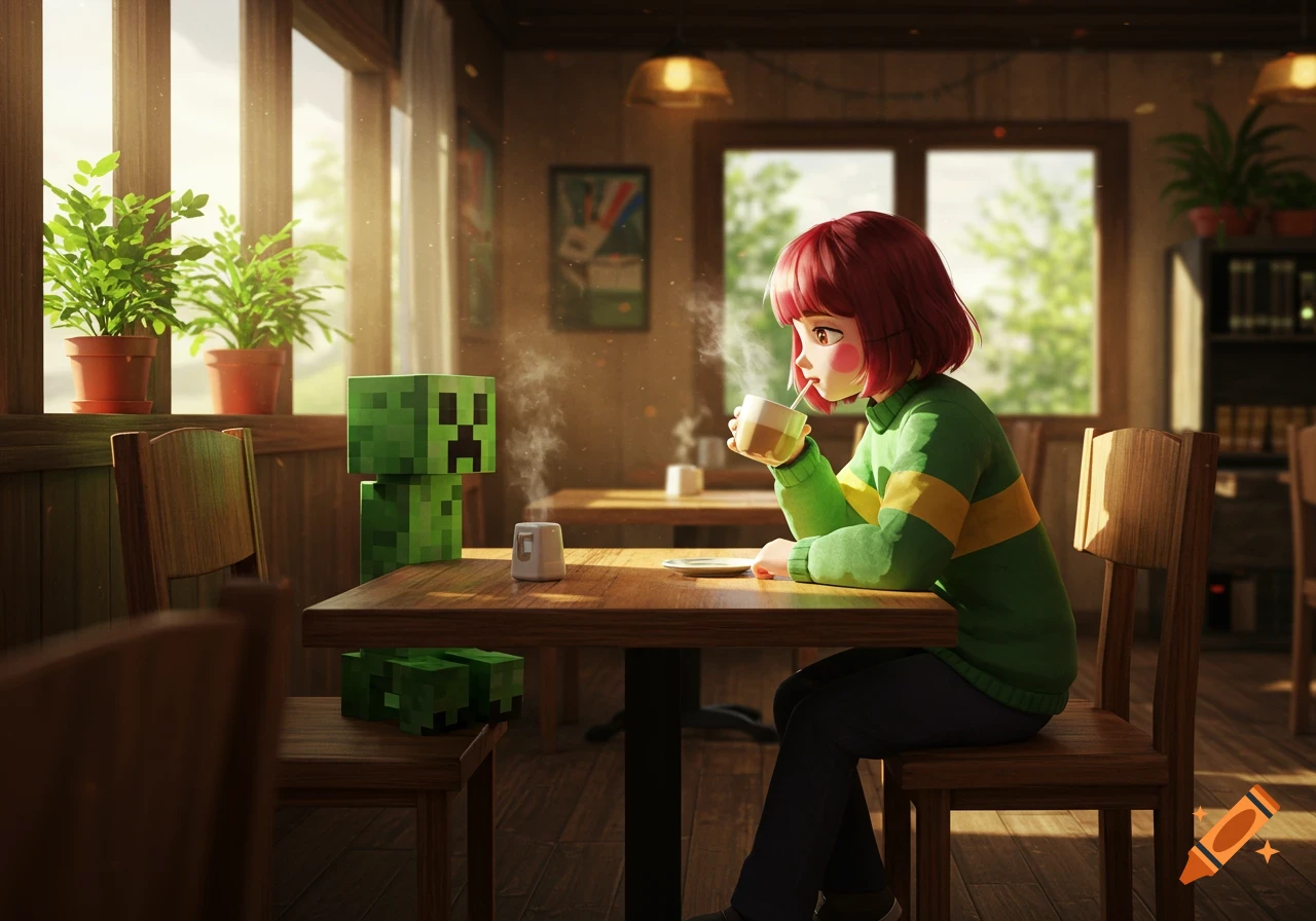 An anime girl, Chara, drinks a latte at a sunlit cafe table with a Minecraft Creeper sitting opposite her.