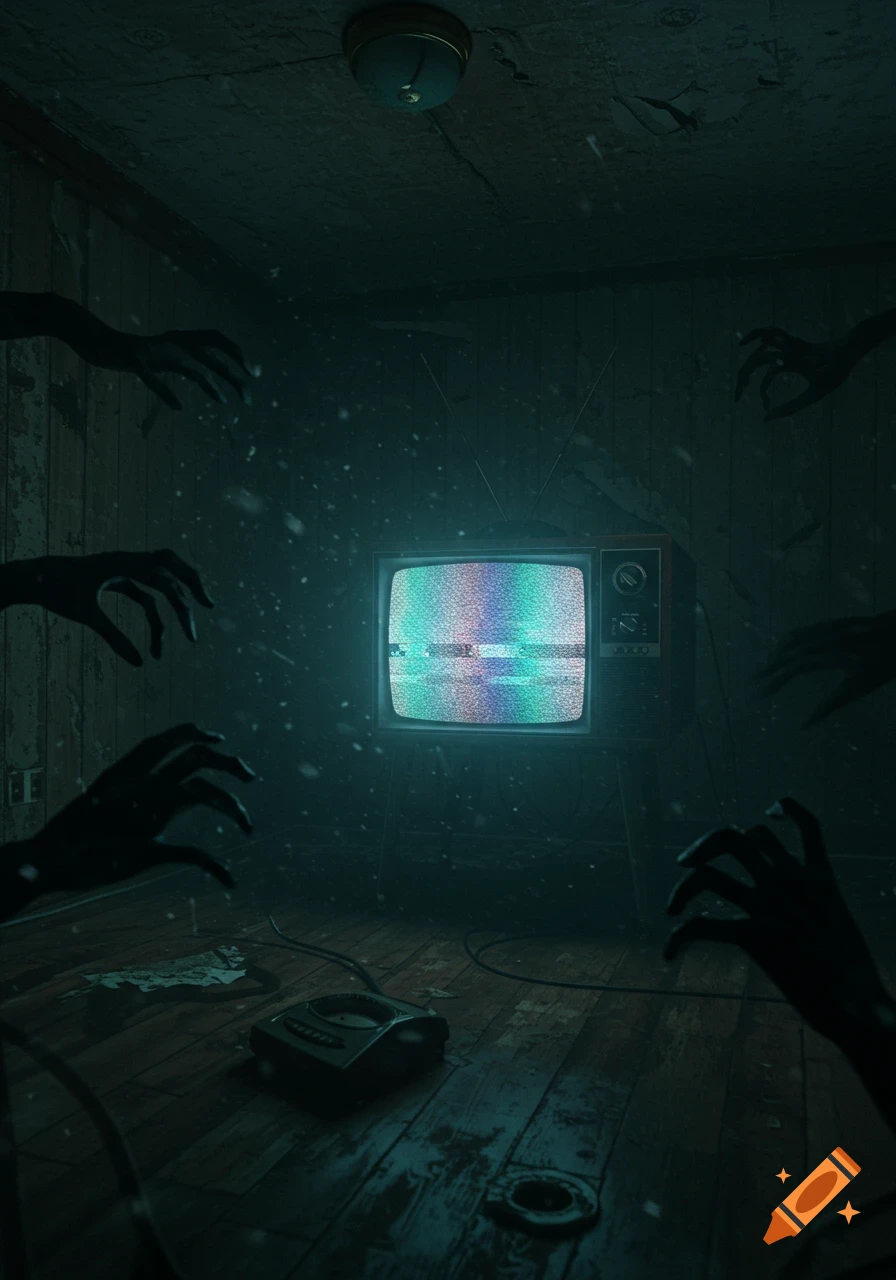 Shadowy, clawed hands reach towards an old static-filled television in a dark, eerie, run-down room.