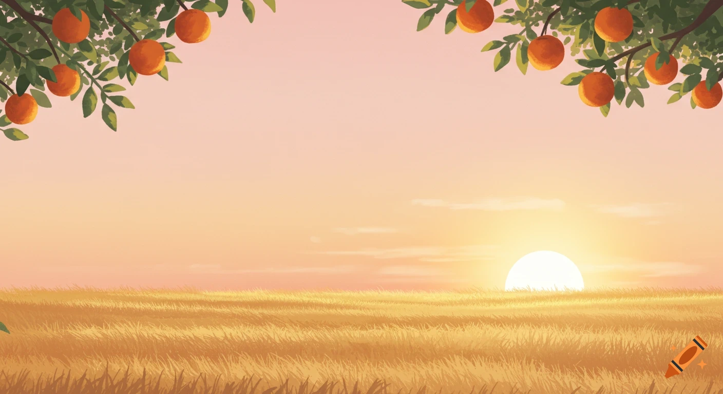 A soft watercolor illustration of a sunset over a golden grassy field, framed by orange tree branches.