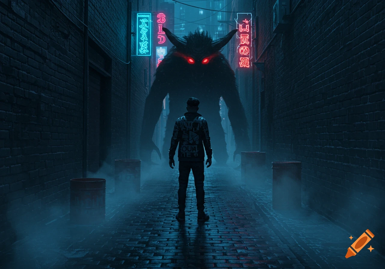 A person stands in a dark, misty alley, facing a large, horned monster with glowing red eyes, lit by neon signs. Cinematic.