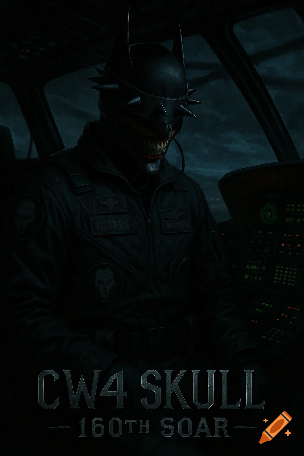 The Batman Who Laughs in a dark helicopter cockpit, wearing a pilot uniform. Text "CW4 SKULL 160TH SOAR" is below.