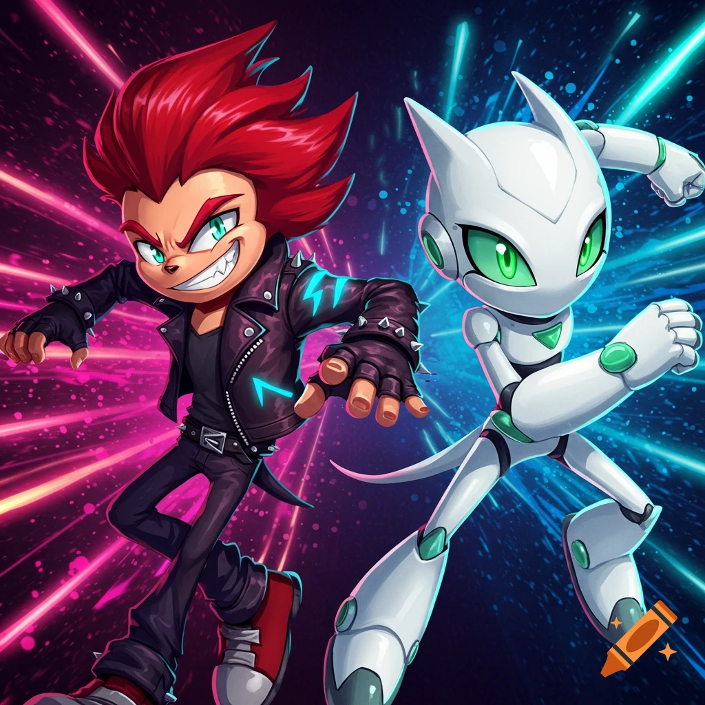 Two stylized cartoon characters, one punk-rock human-like figure with red hair and one white robotic creature, against a vibrant neon background.