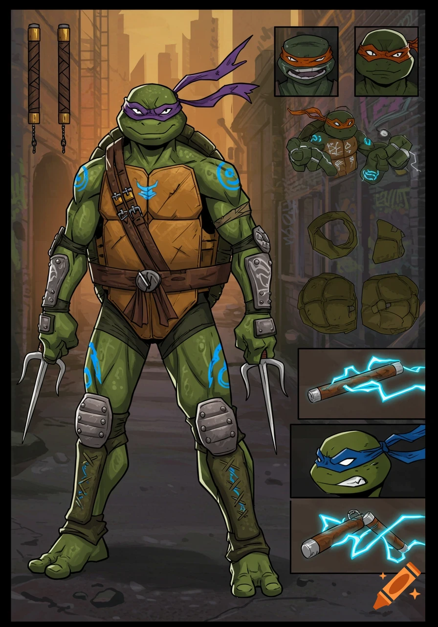 A detailed character sheet of a Teenage Mutant Ninja Turtle (Donatello) in armor, holding sai, with various headshots and accessories.