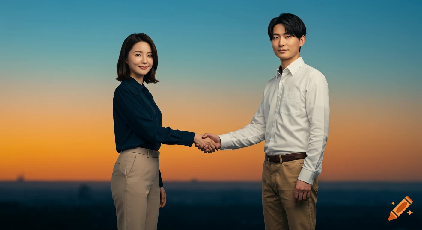 A man and woman in business casual clothes shake hands outdoors at sunset against an orange and blue sky, smiling slightly.