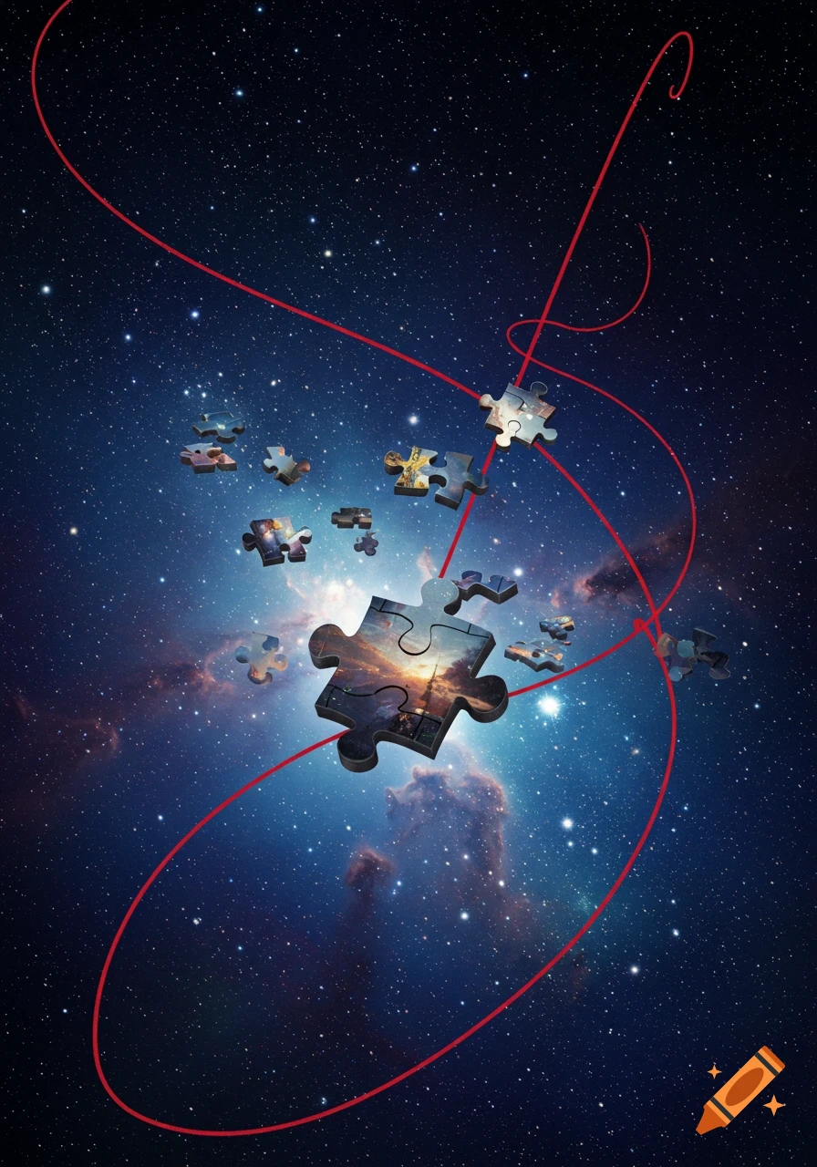 Multiple puzzle pieces, some with landscapes, float in a starry blue nebula, crisscrossed by red lines.