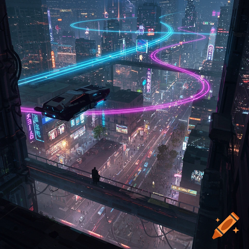 A high-angle view of a futuristic cyberpunk city at night with neon lights, flying cars, and a person on a sky bridge.