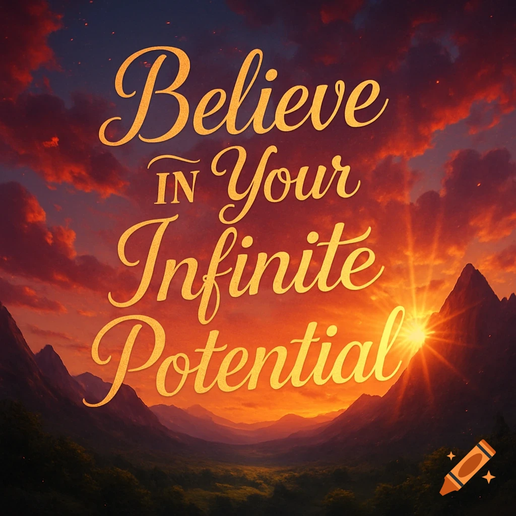 Golden script reads "Believe IN Your Infinite Potential" over a fiery orange and red sunset mountain landscape.