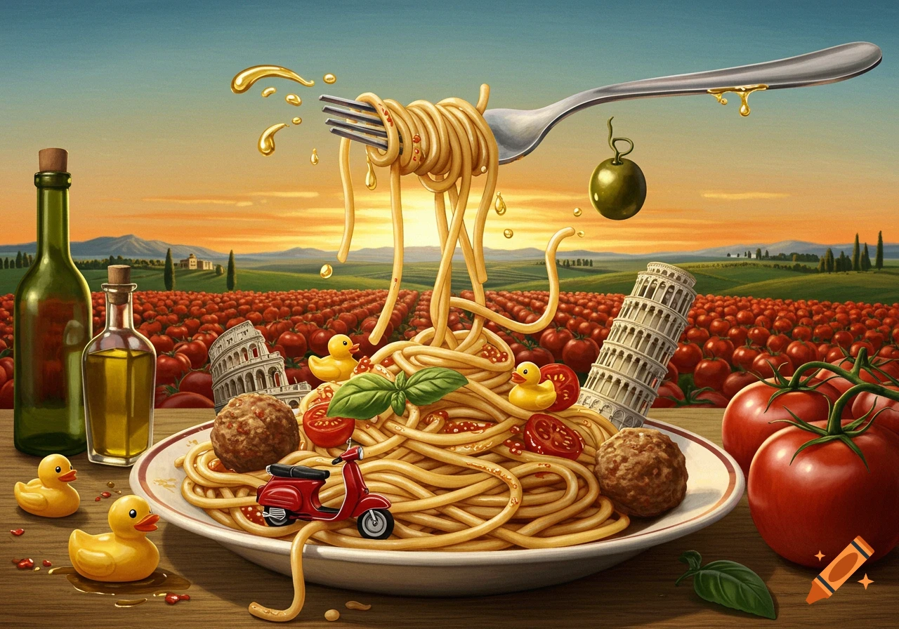 A surreal scene featuring a plate of spaghetti with meatballs, basil, tomatoes, a miniature Vespa, and rubber ducks. It's set on a wooden table in front of an expansive tomato field with miniature Italian landmarks like the Colosseum and Leaning Tower of Pisa under a sunset sky. A giant fork hovers above, twirling spaghetti.