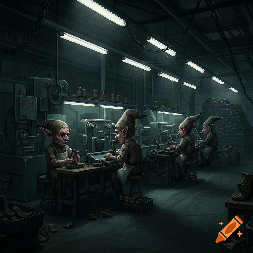 Several elves work diligently in a dark, gloomy industrial shoe factory, hand-making boots and operating machinery in a detailed fantasy illustration.
