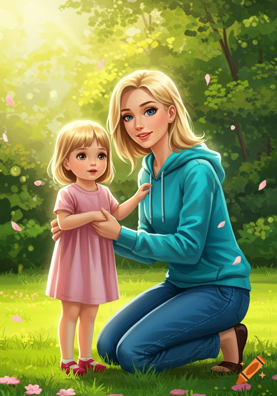 A blonde mother in a turquoise hoodie kneels and holds her blonde daughter's hand in a sunny, green park, illustration style.