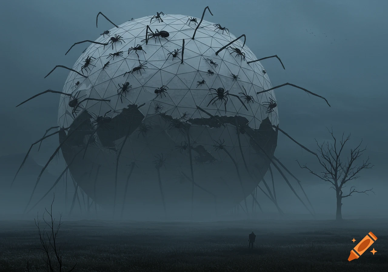A massive geodesic dome covered in spiders looms over a misty, barren field with a lone figure and a dead tree, in a dark, surreal horror style.