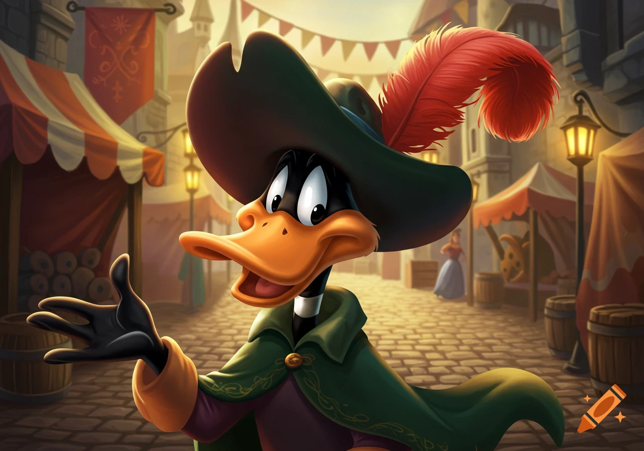 Daffy Duck as a cavalier, wearing a hat with a red feather and a green cloak, gesturing in a medieval market.