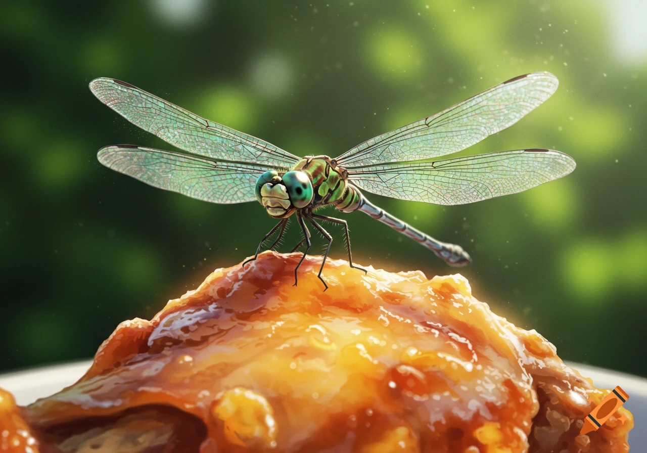 A detailed shot of a green and blue dragonfly perched on a piece of glazed chicken, with a blurred green background.