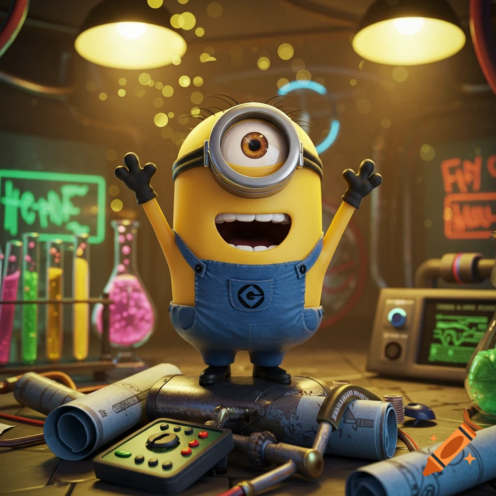 A happy Minion with arms raised, wearing overalls, stands on equipment in a glowing, cluttered science lab.