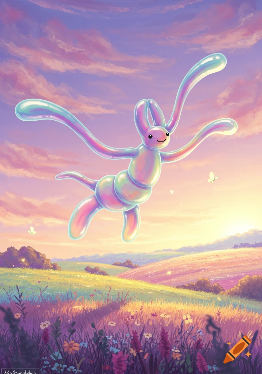 A colorful, balloon-like creature with a happy face floats above a vibrant field of flowers under a sunset sky.