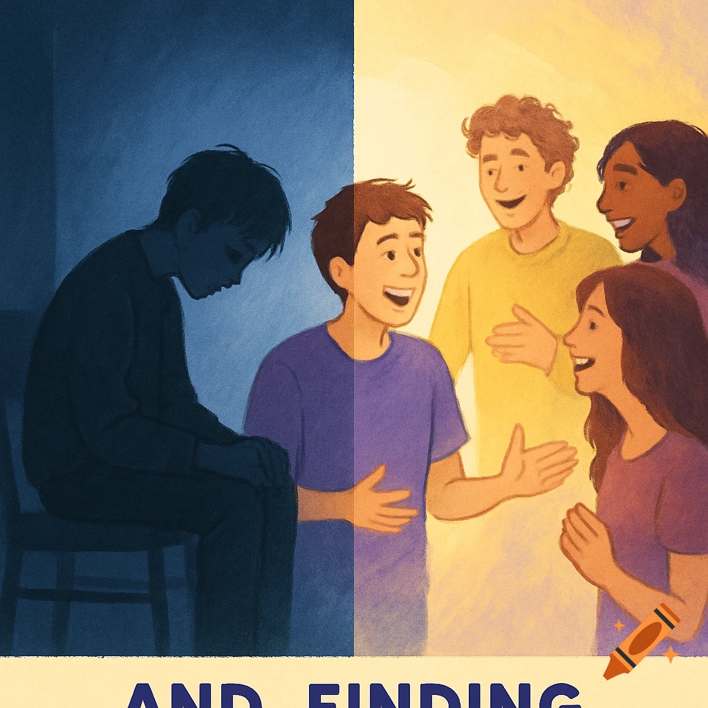 Illustrated split image showing a sad, isolated person on the left and the same person happily with friends on the right.