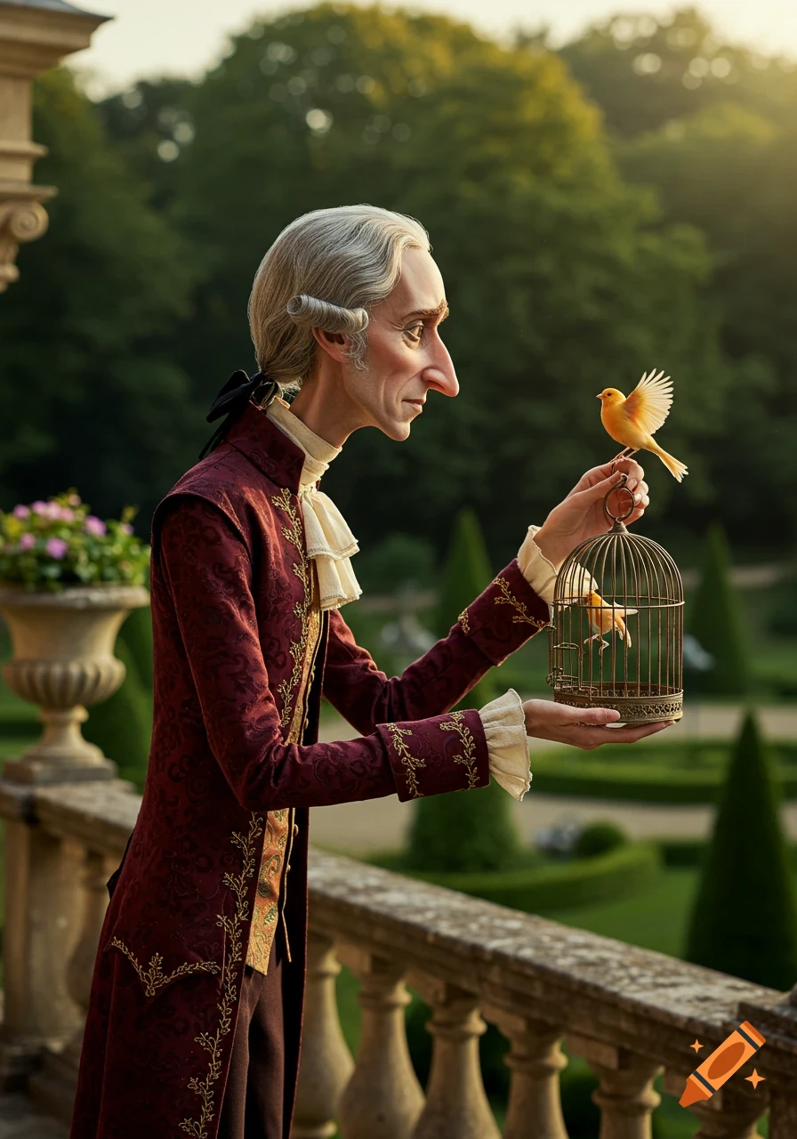 A gaunt, aristocratic man in a red coat and white wig holds a bird cage with a bird perched on his finger on a garden balcony.