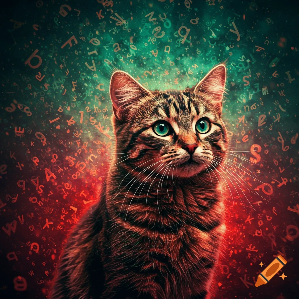 A tabby cat with bright green eyes looks forward, set against a vibrant, abstract background filled with scattered red and teal letters.