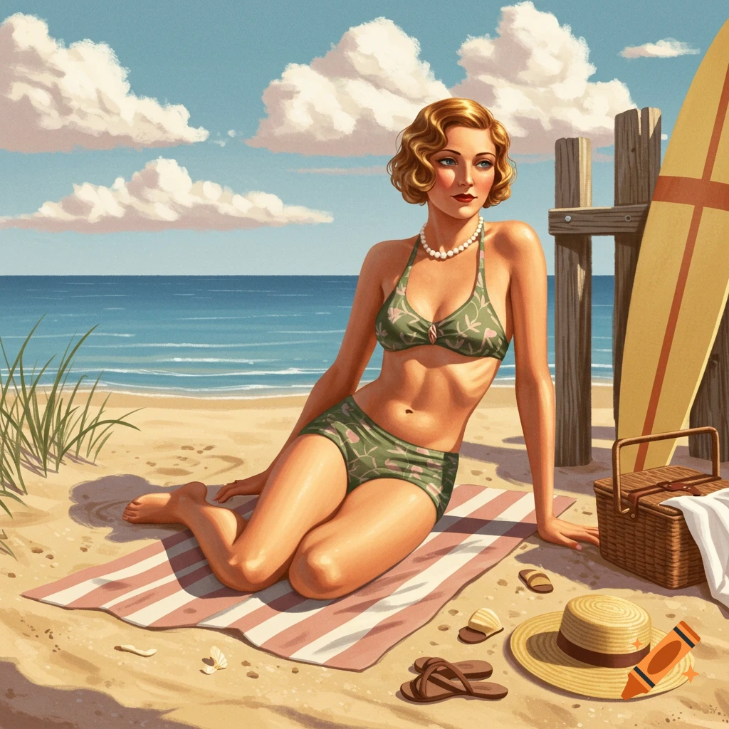 Vintage illustration of a woman in a green bikini sitting on a beach towel by the ocean, with a surfboard and picnic basket.