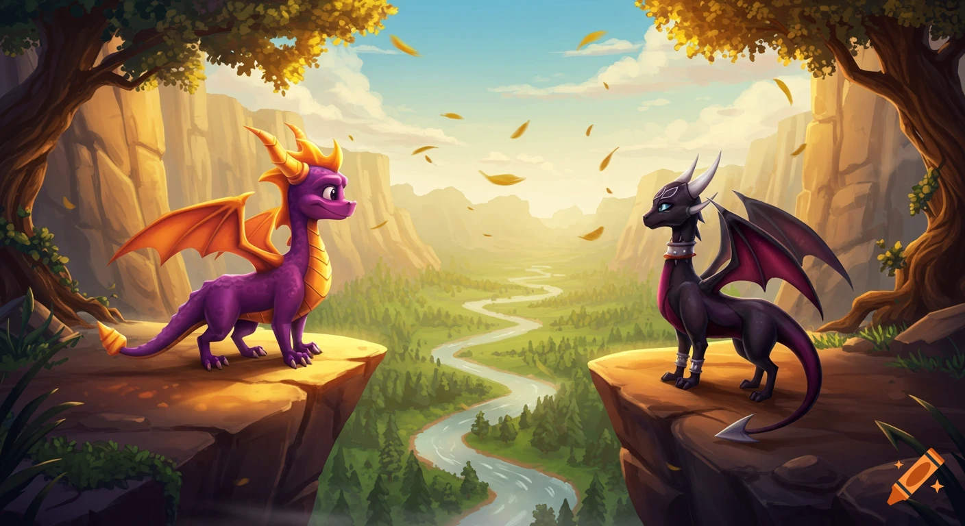 A purple dragon and a black dragon stand on opposing cliffs overlooking a lush green valley with a winding river under a sunny sky.
